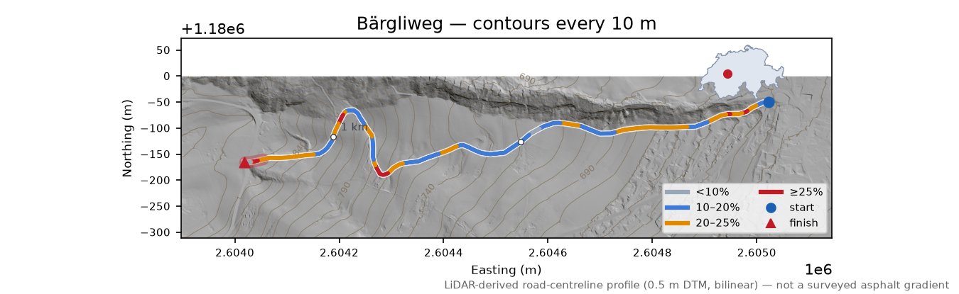 Bärgliweg LiDAR hillshade map with contours