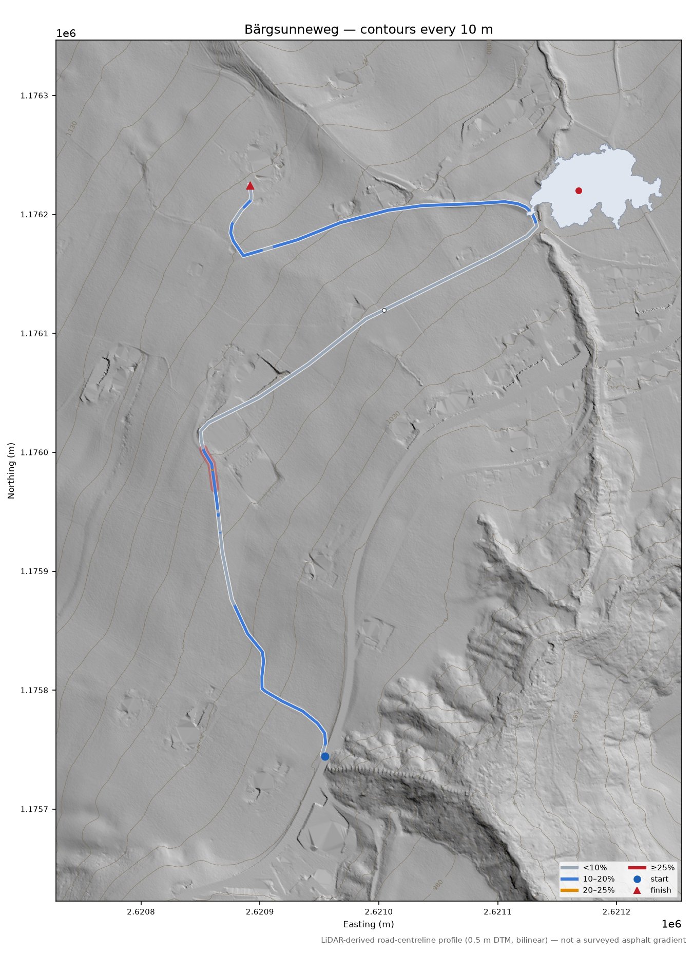 Bärgsunneweg LiDAR hillshade map with contours