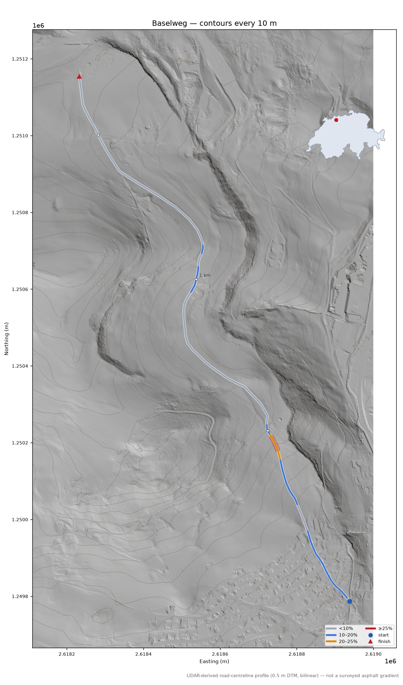 Baselweg LiDAR hillshade map with contours