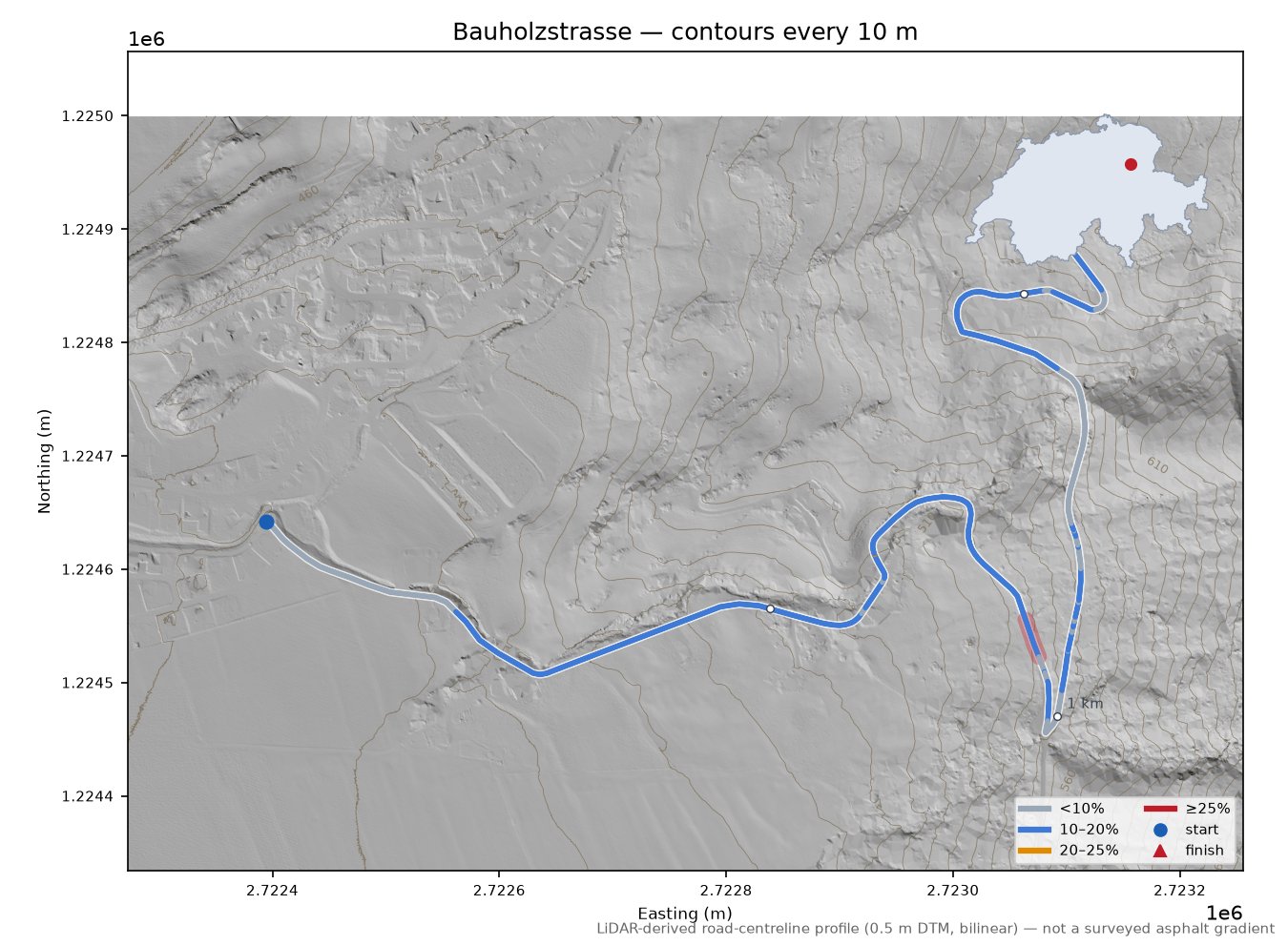 Bauholzstrasse LiDAR hillshade map with contours