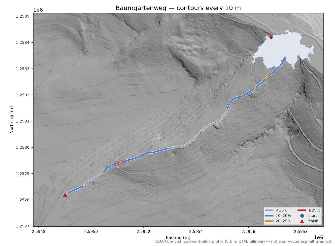 Baumgartenweg LiDAR hillshade map with contours