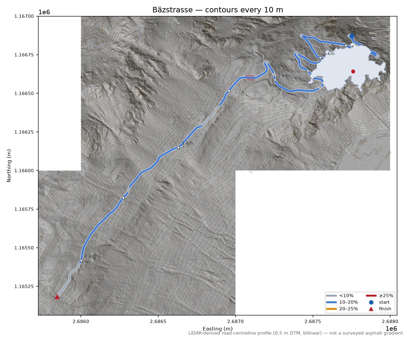 Bäzstrasse LiDAR hillshade map with contours