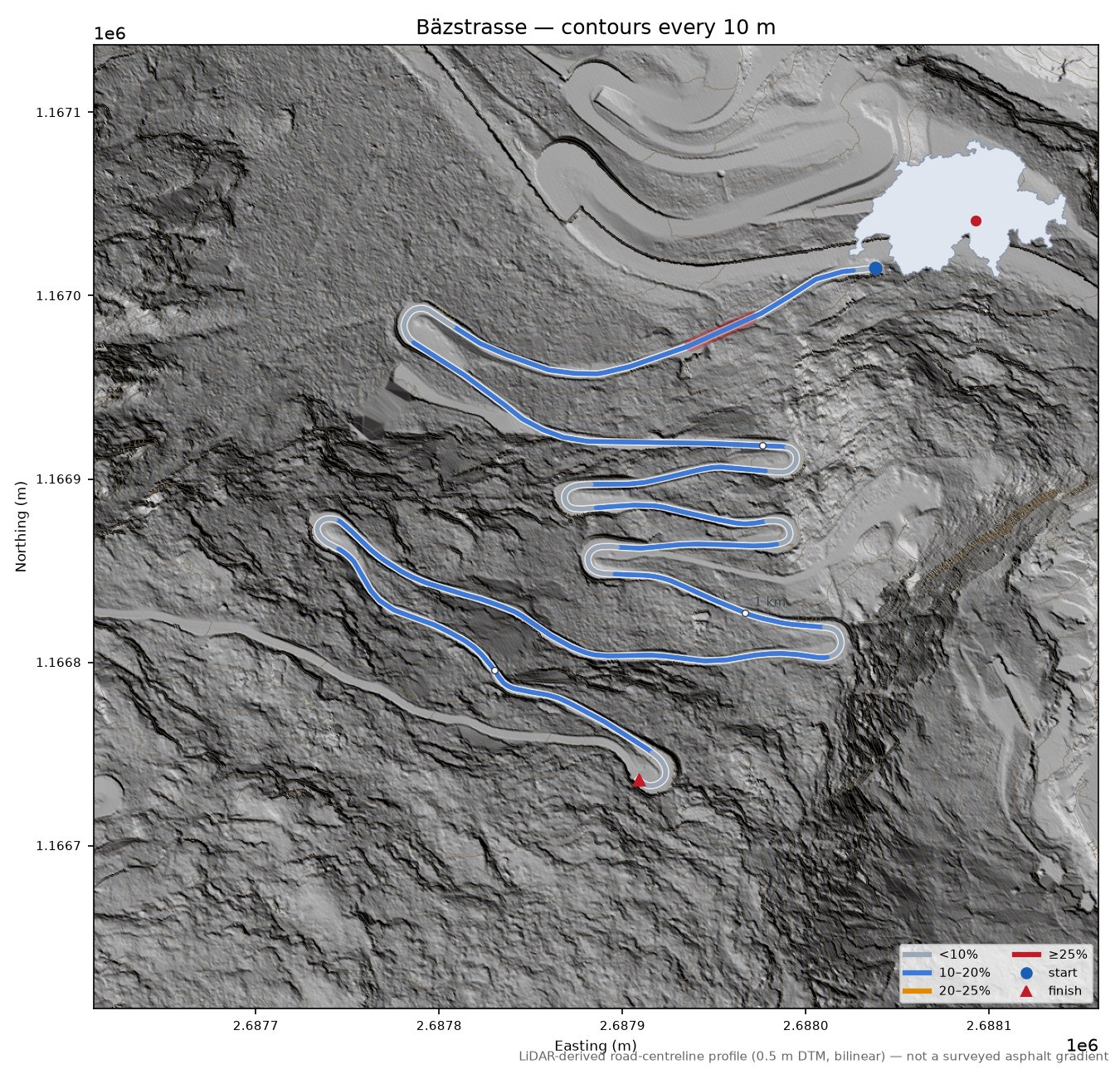 Bäzstrasse LiDAR hillshade map with contours