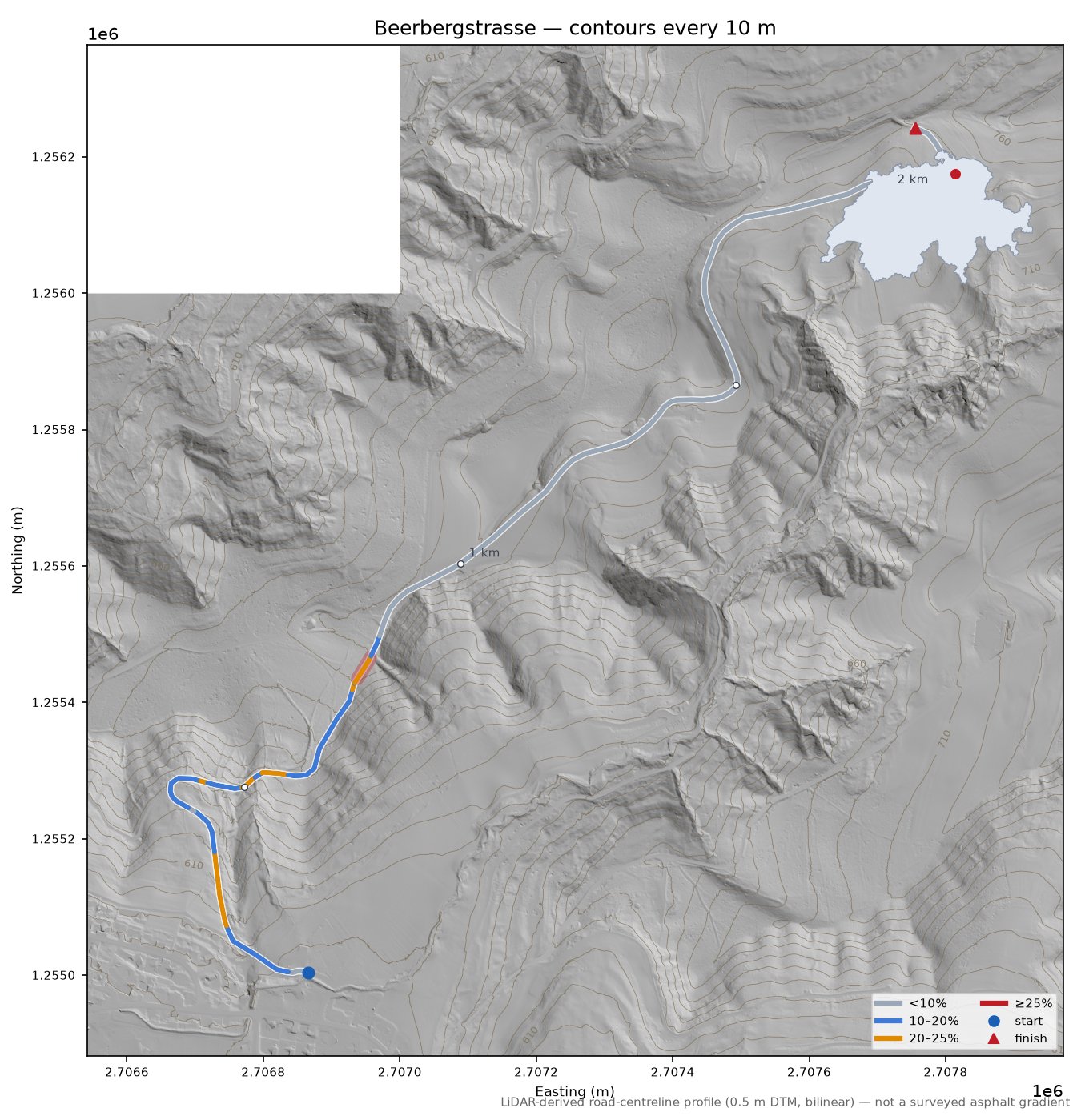 Beerbergstrasse LiDAR hillshade map with contours