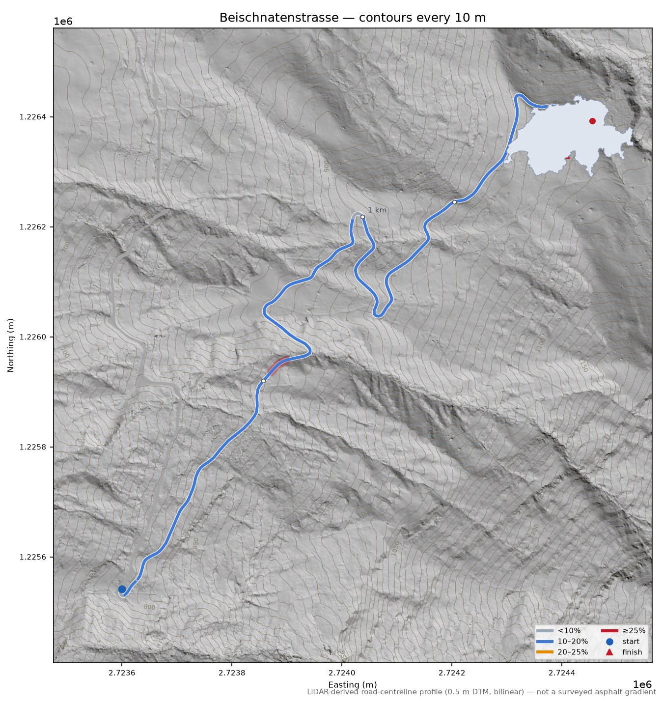 Beischnatenstrasse LiDAR hillshade map with contours