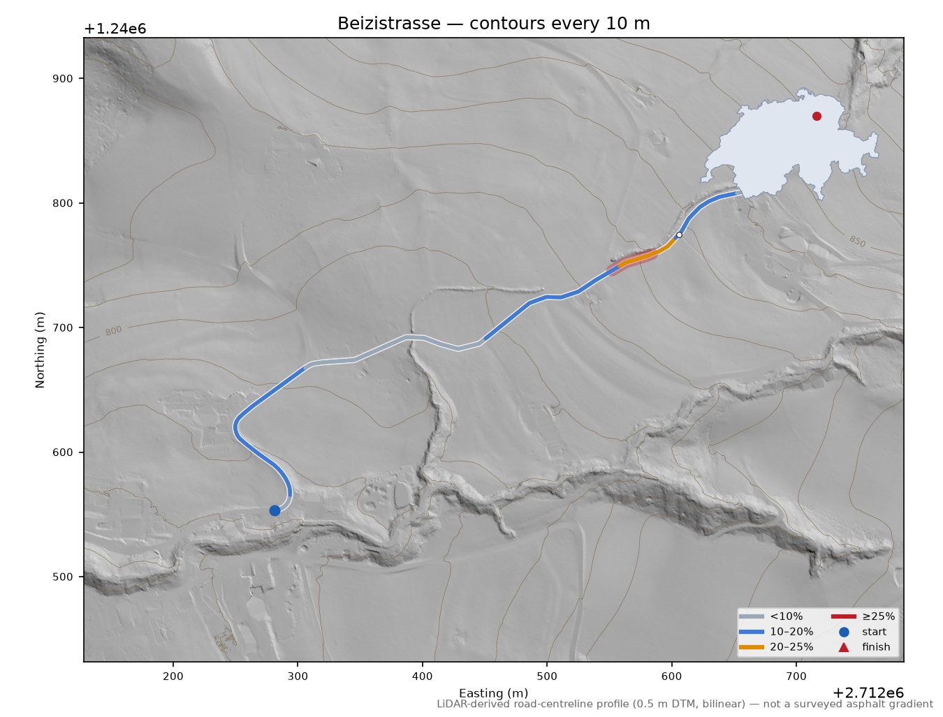 Beizistrasse LiDAR hillshade map with contours