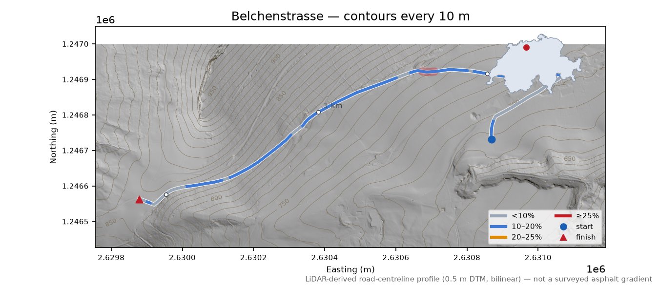 Belchenstrasse LiDAR hillshade map with contours