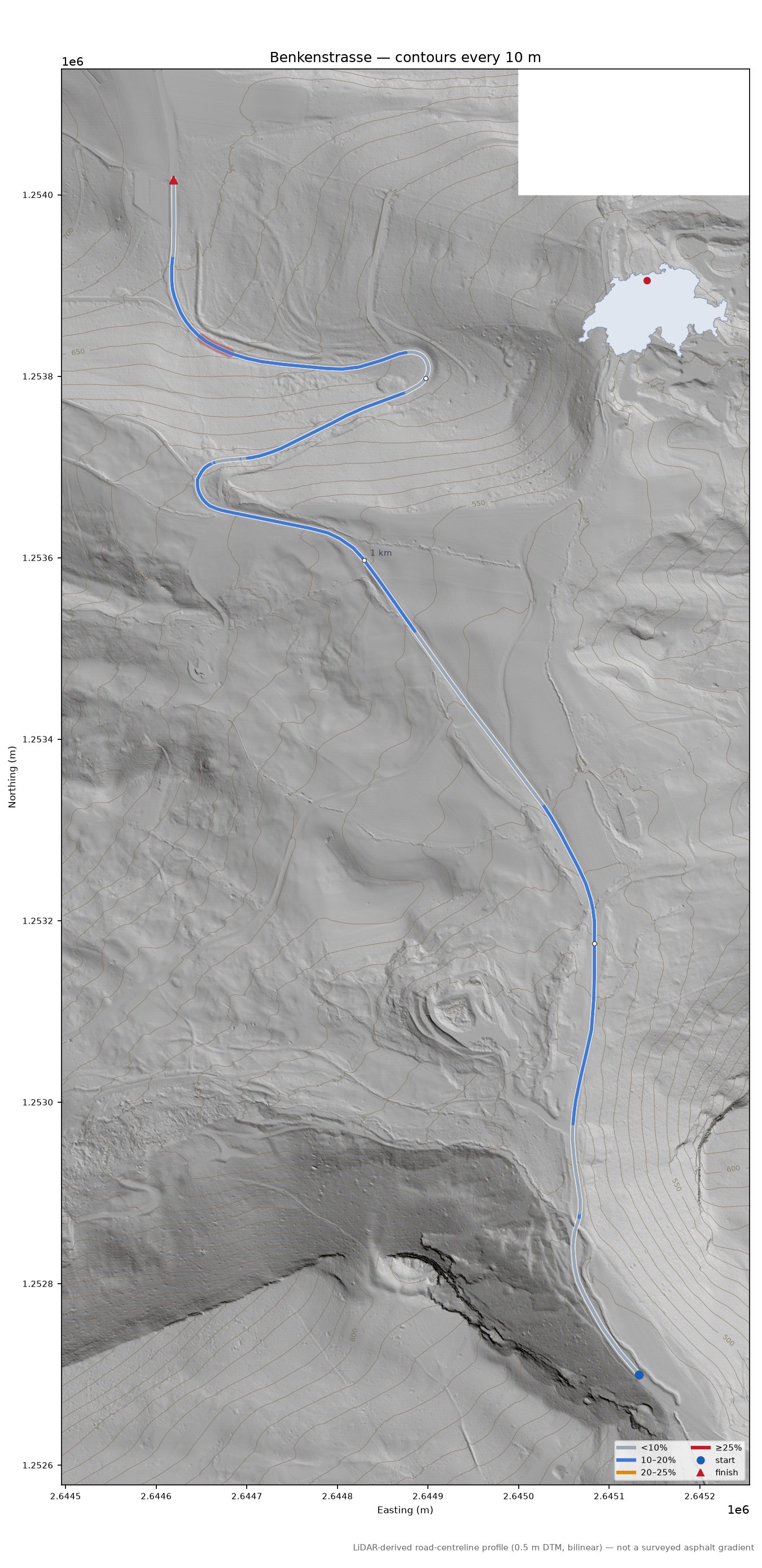 Benkenstrasse LiDAR hillshade map with contours