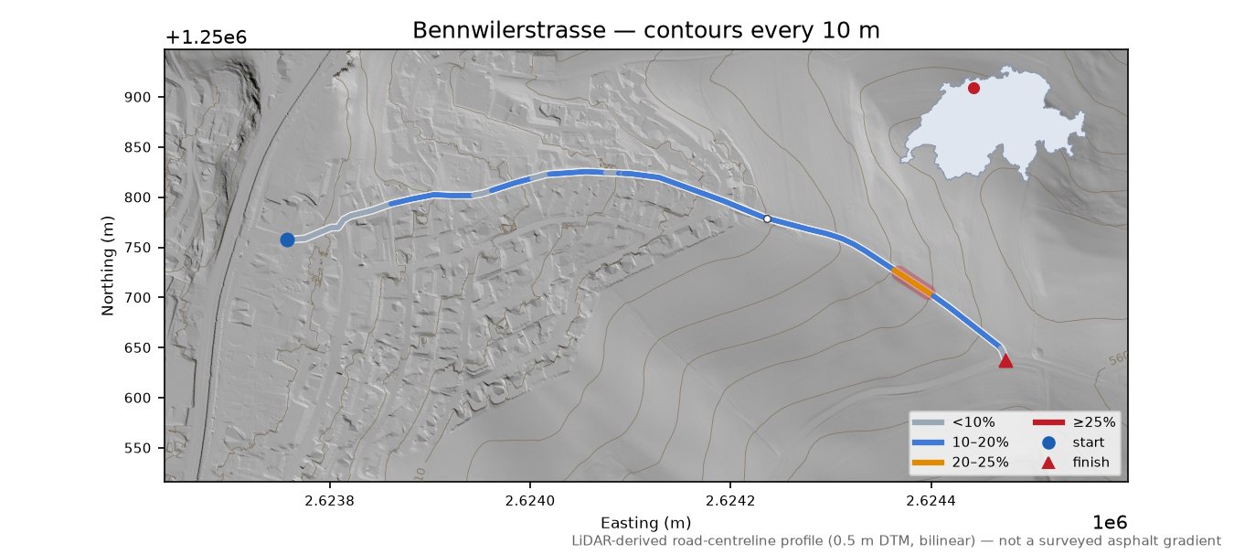 Bennwilerstrasse LiDAR hillshade map with contours
