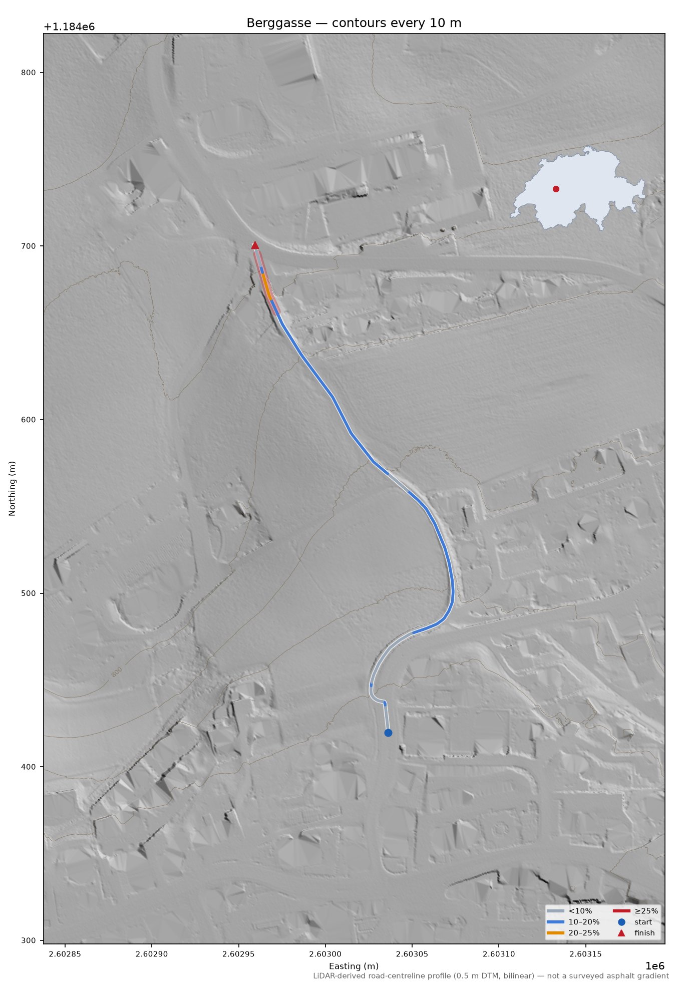 Berggasse LiDAR hillshade map with contours