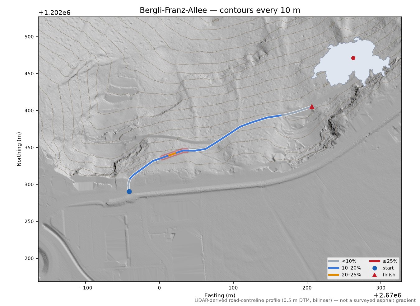 Bergli-Franz-Allee LiDAR hillshade map with contours