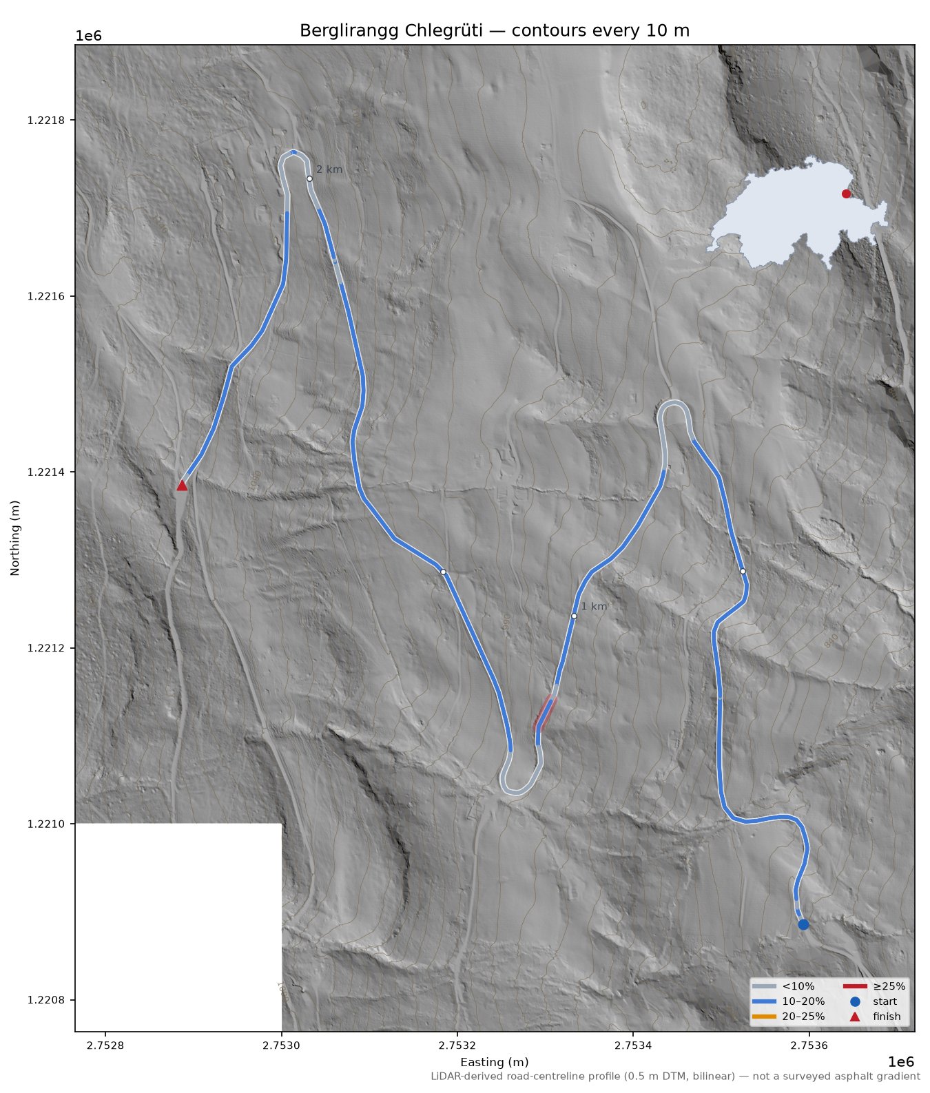 Berglirangg Chlegrüti LiDAR hillshade map with contours