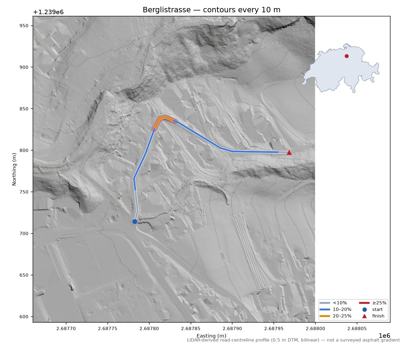 Berglistrasse LiDAR hillshade map with contours
