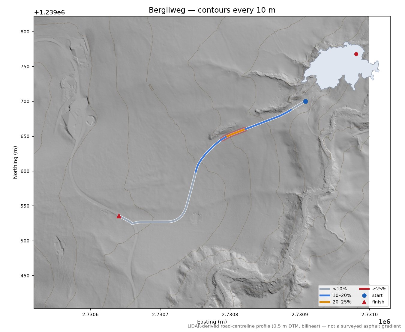 Bergliweg LiDAR hillshade map with contours