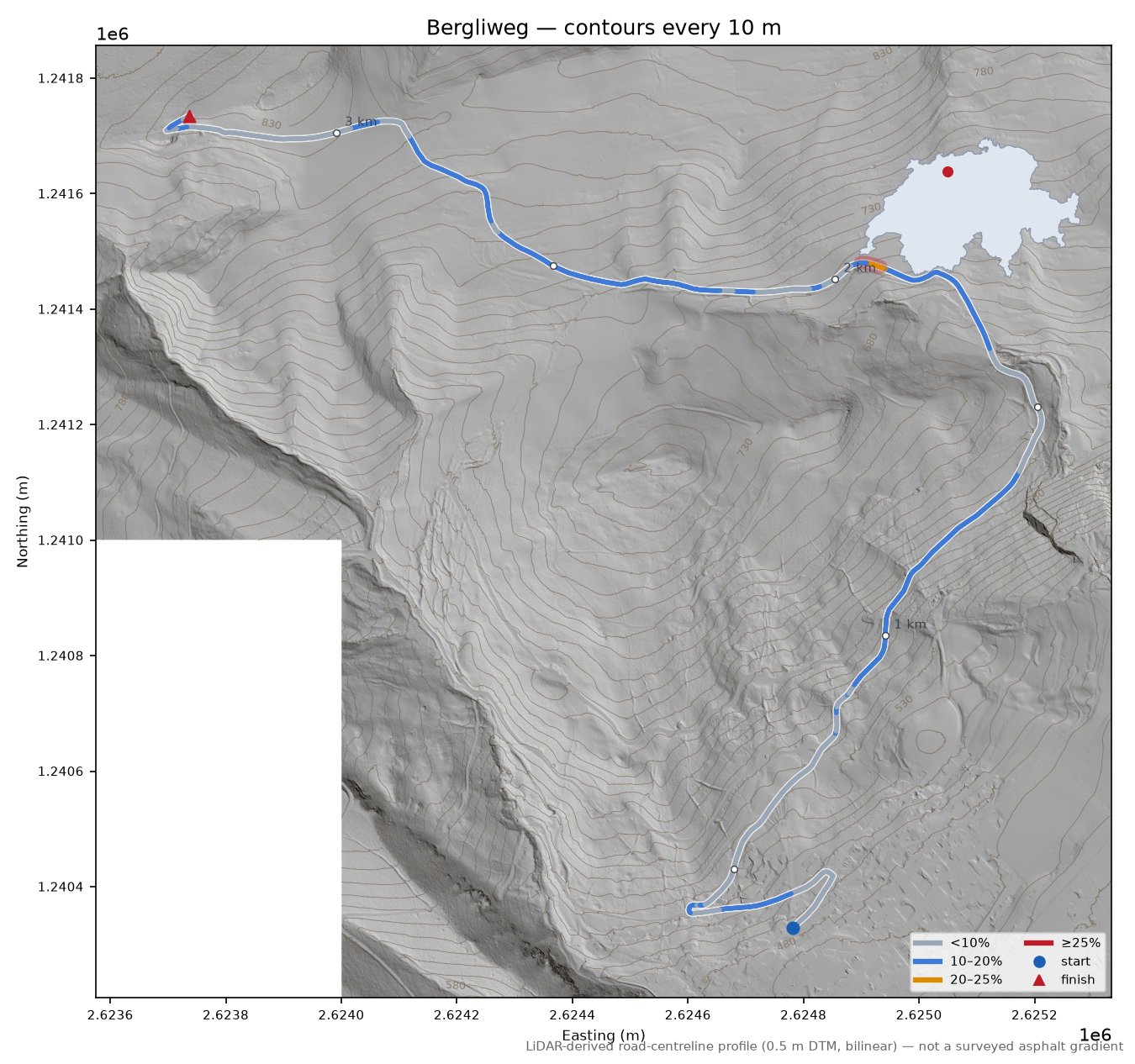 Bergliweg LiDAR hillshade map with contours