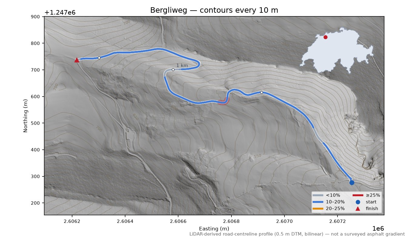 Bergliweg LiDAR hillshade map with contours