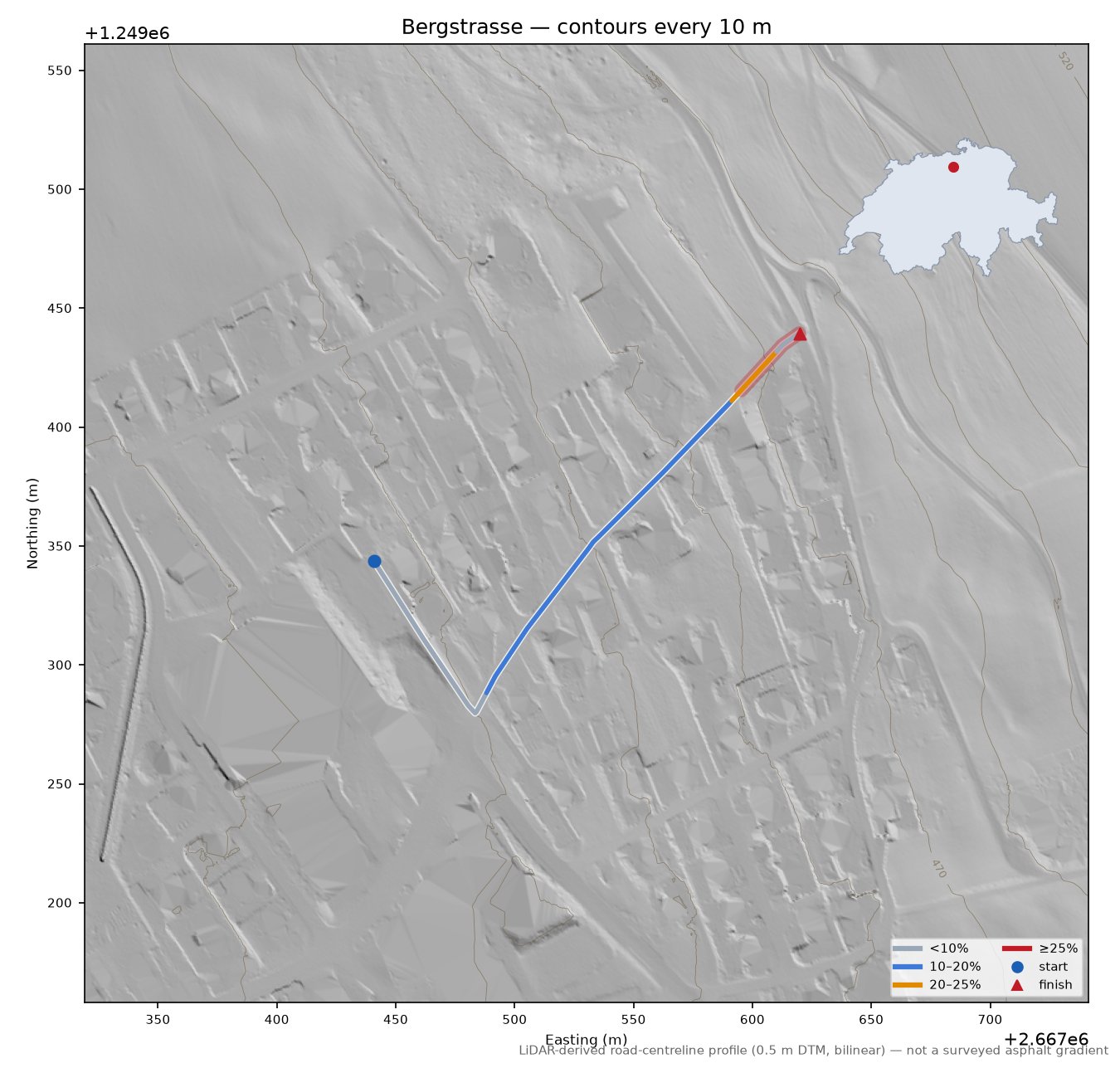 Bergstrasse LiDAR hillshade map with contours