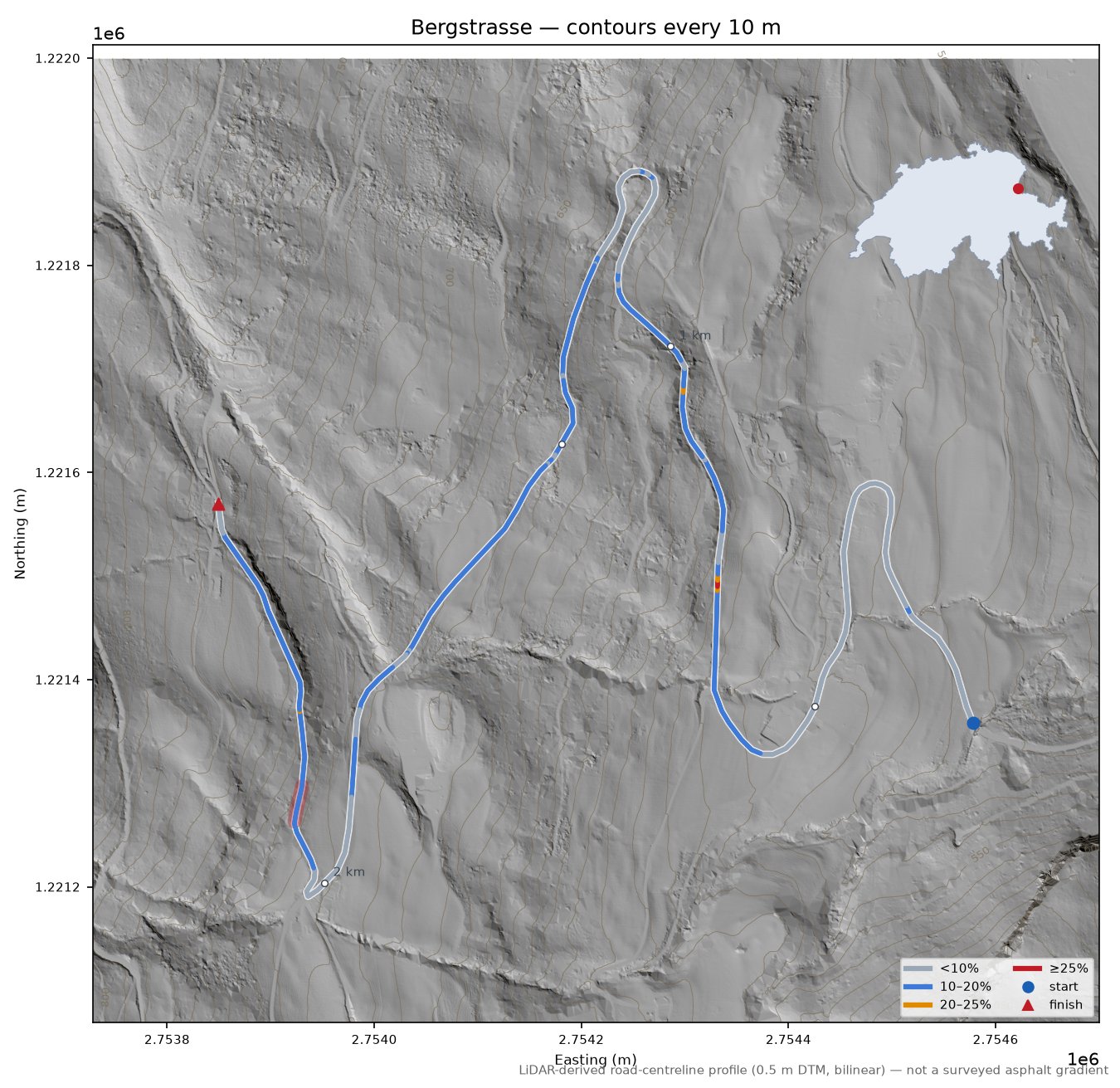 Bergstrasse LiDAR hillshade map with contours