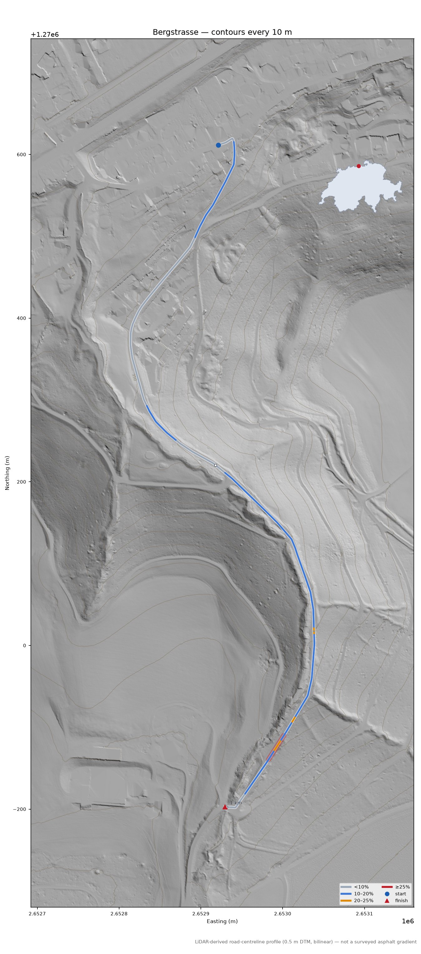 Bergstrasse LiDAR hillshade map with contours