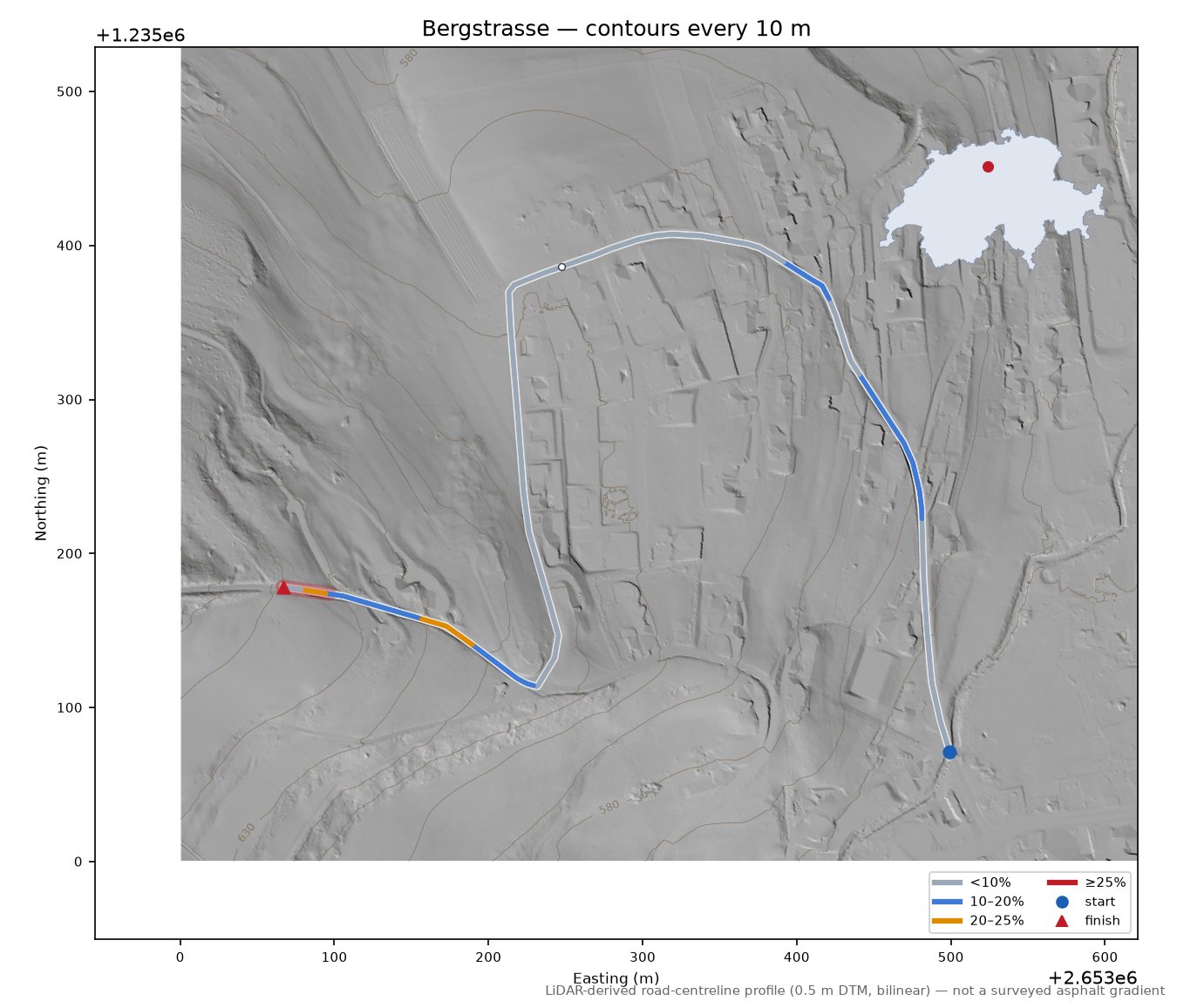 Bergstrasse LiDAR hillshade map with contours