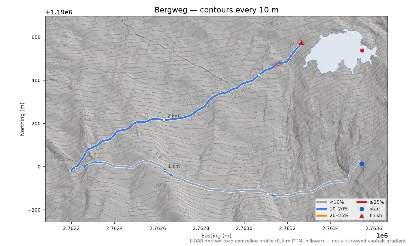 Bergweg LiDAR hillshade map with contours
