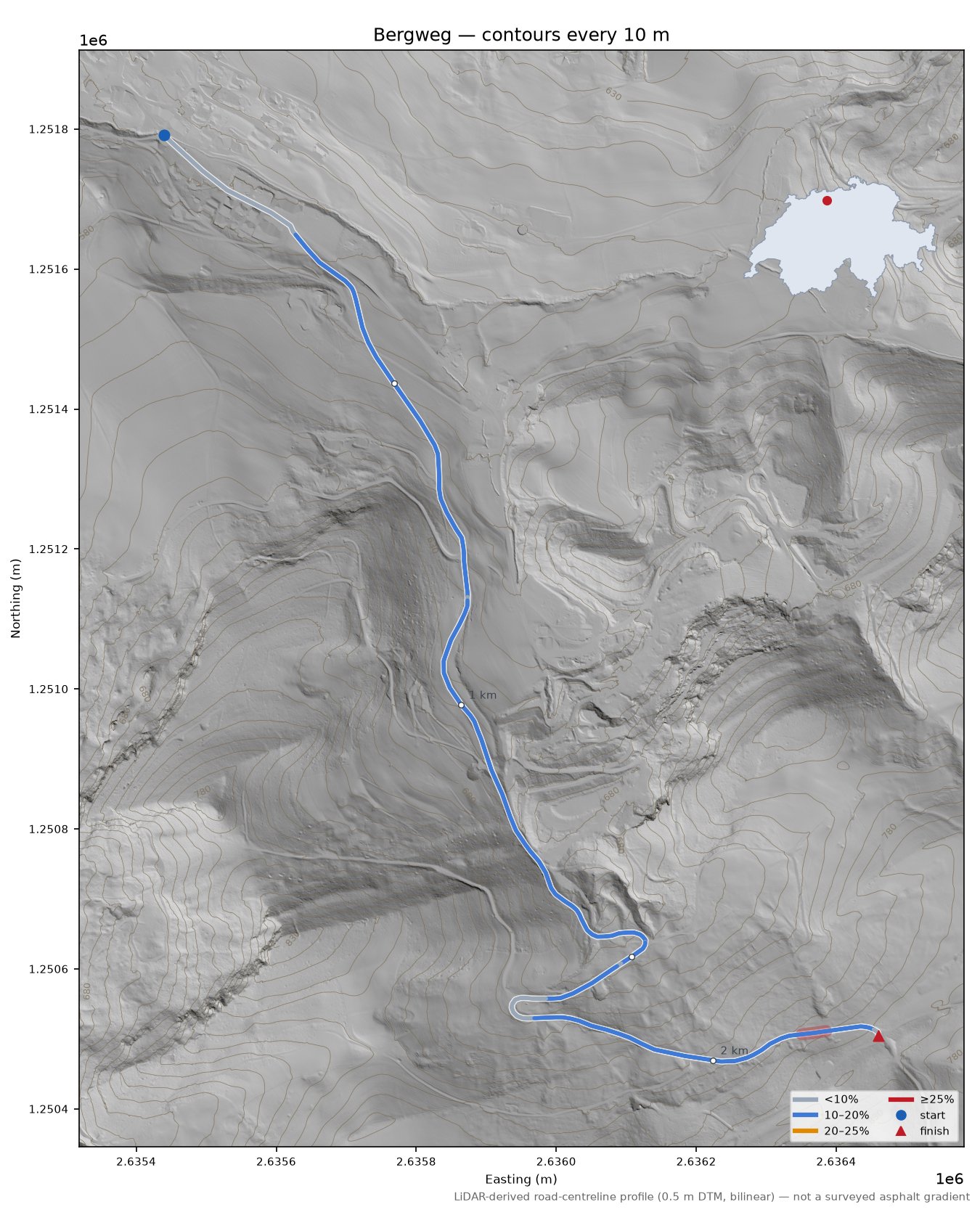 Bergweg LiDAR hillshade map with contours