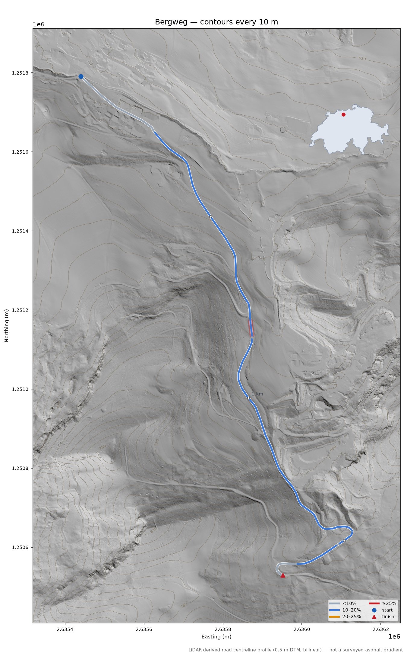 Bergweg LiDAR hillshade map with contours