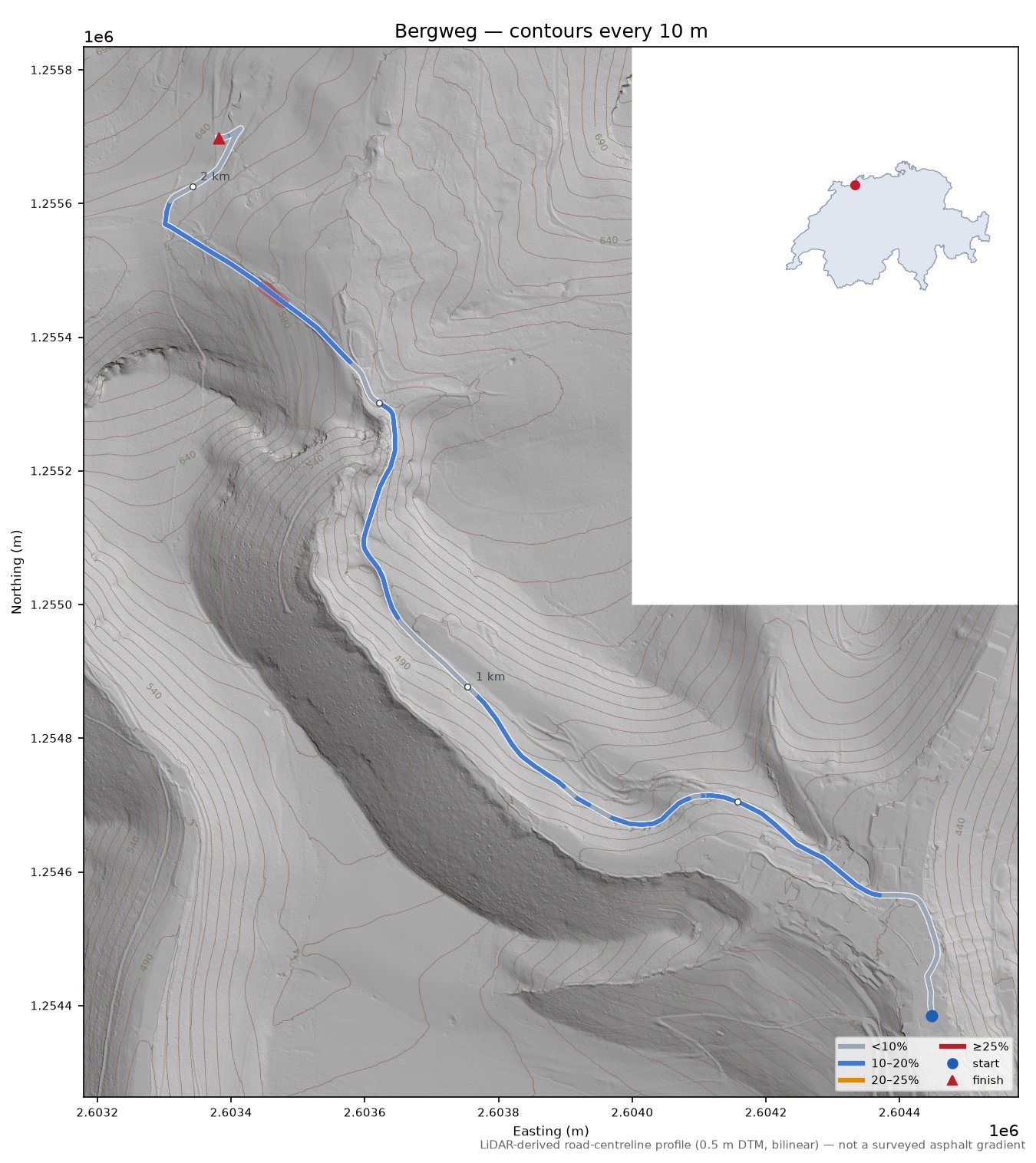 Bergweg LiDAR hillshade map with contours
