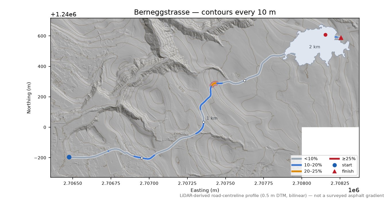 Berneggstrasse LiDAR hillshade map with contours
