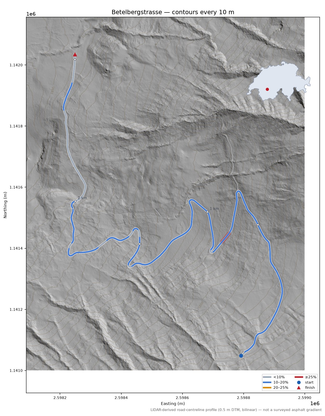 Betelbergstrasse LiDAR hillshade map with contours
