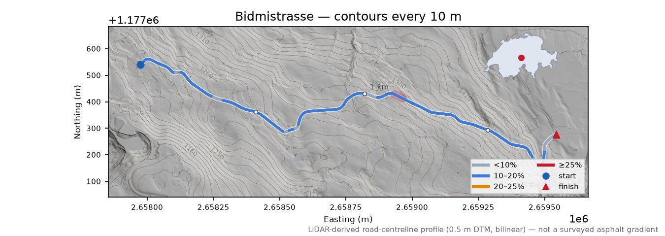 Bidmistrasse LiDAR hillshade map with contours