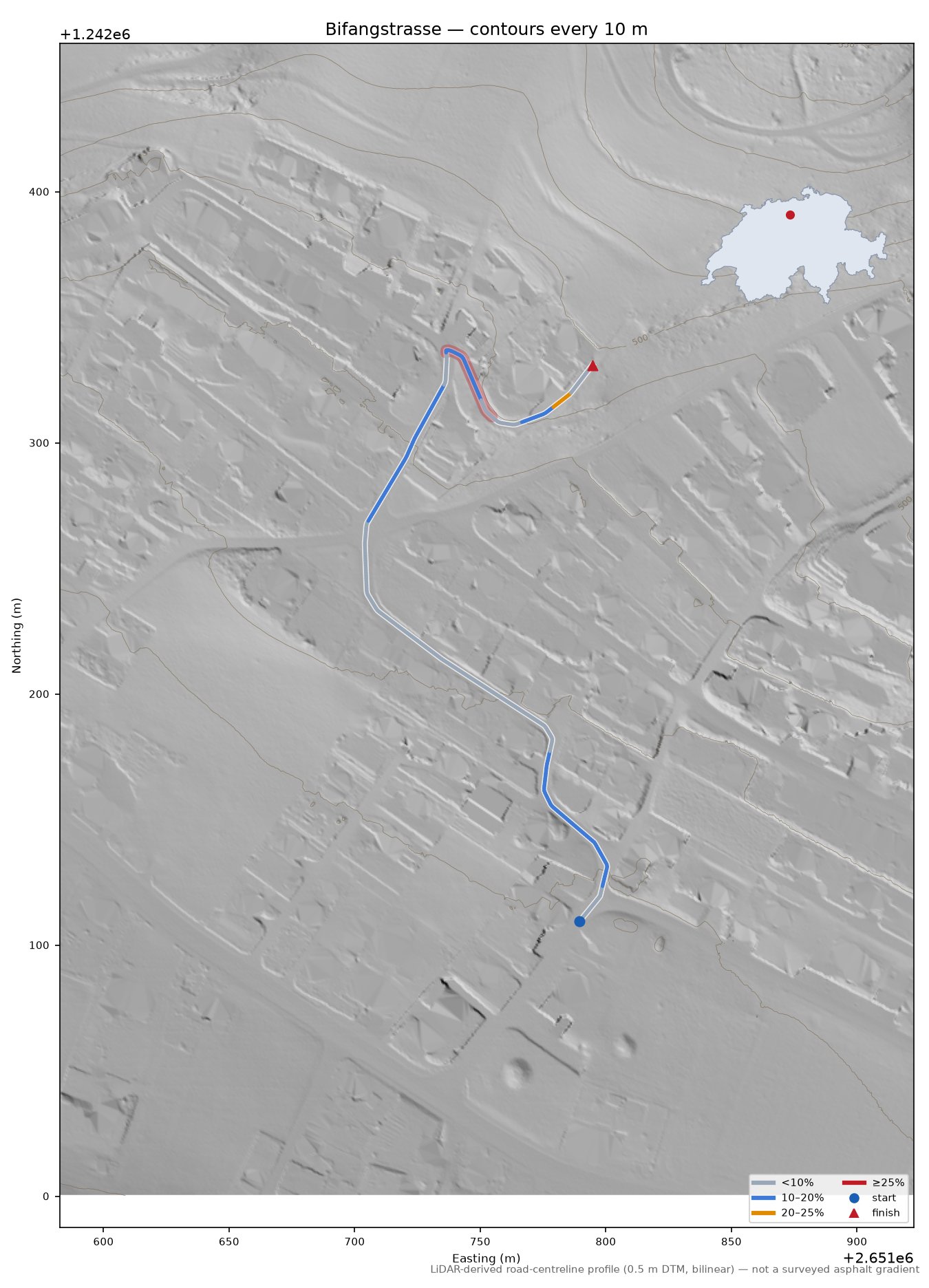 Bifangstrasse LiDAR hillshade map with contours