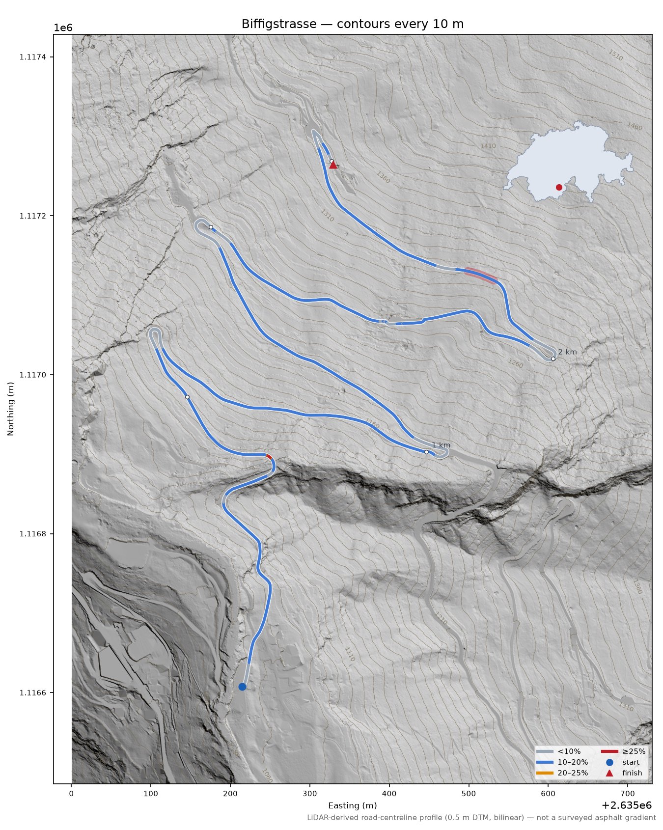 Biffigstrasse LiDAR hillshade map with contours