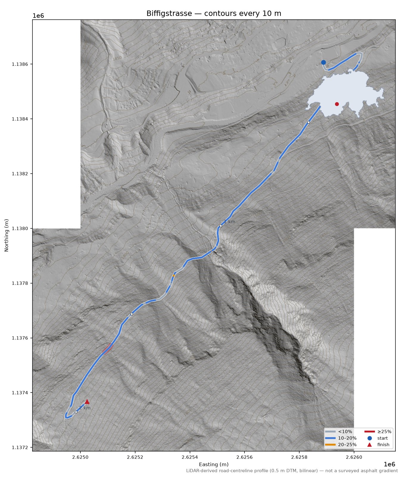 Biffigstrasse LiDAR hillshade map with contours