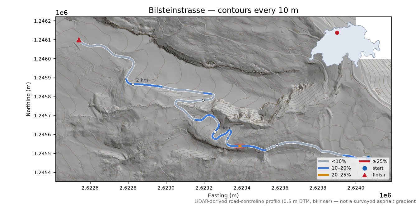 Bilsteinstrasse LiDAR hillshade map with contours