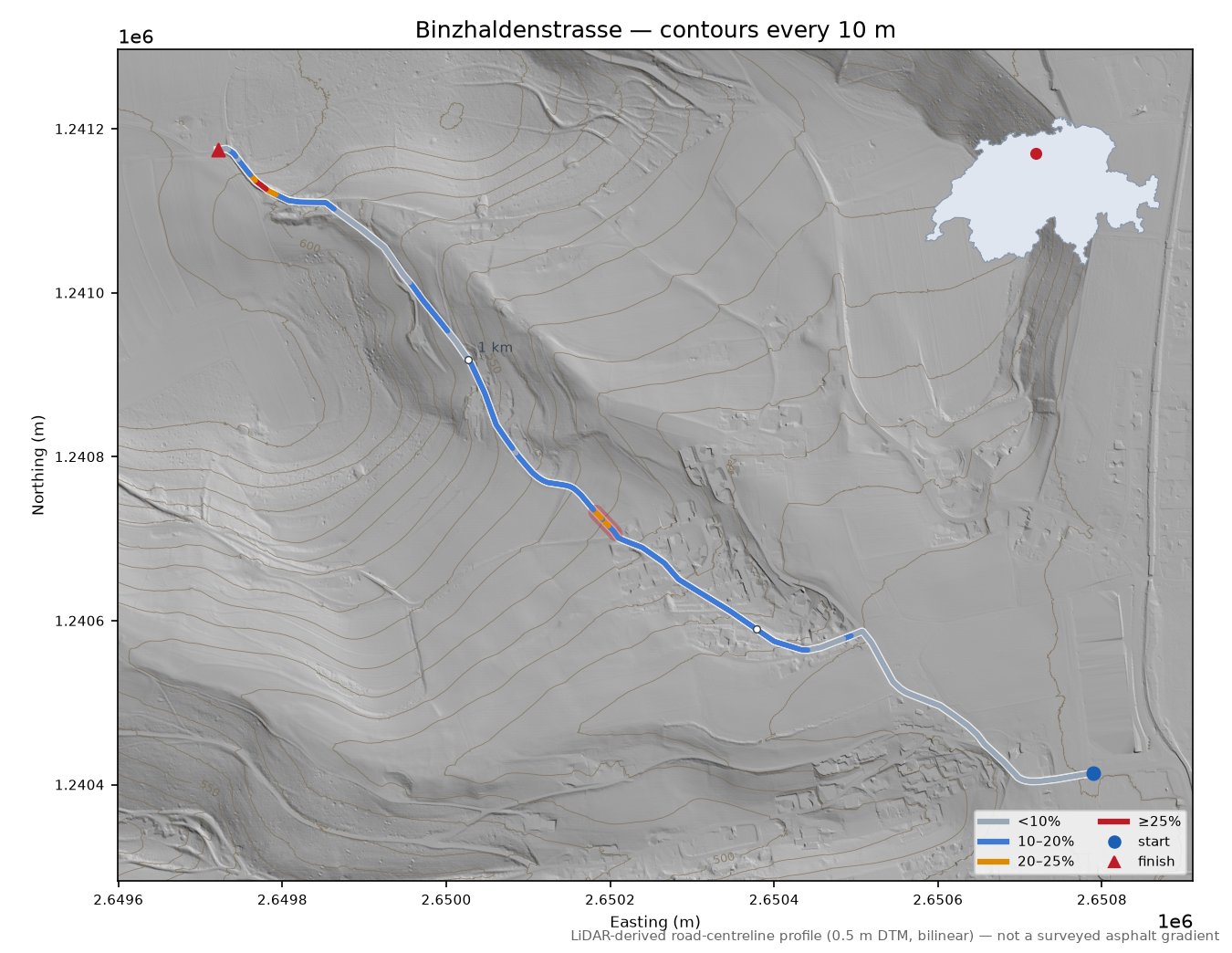 Binzhaldenstrasse LiDAR hillshade map with contours