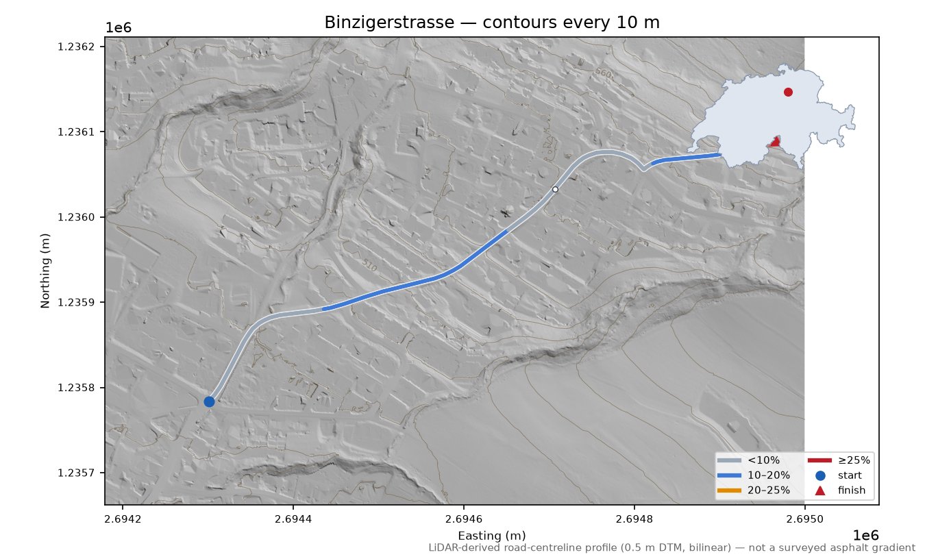 Binzigerstrasse LiDAR hillshade map with contours