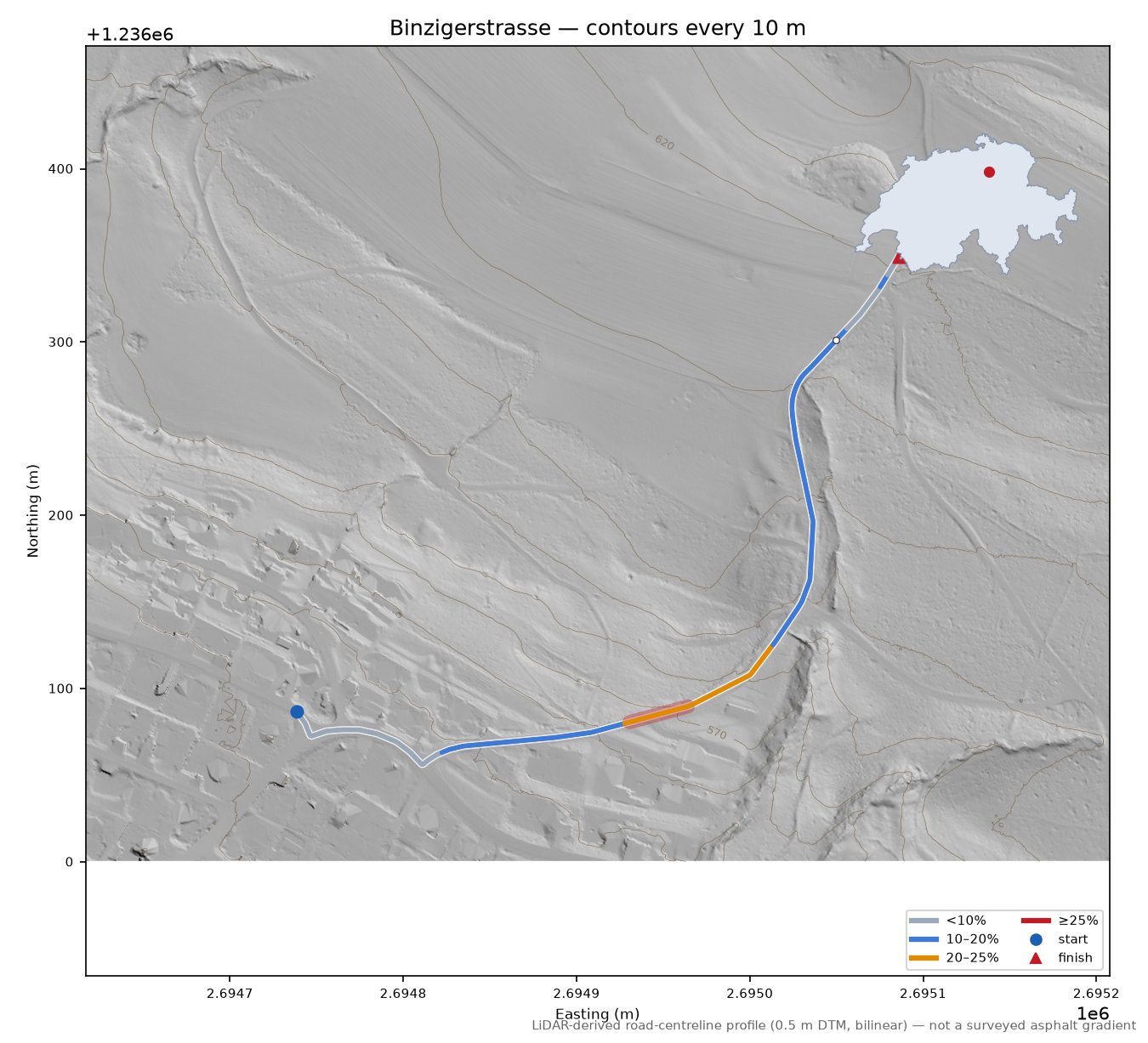 Binzigerstrasse LiDAR hillshade map with contours