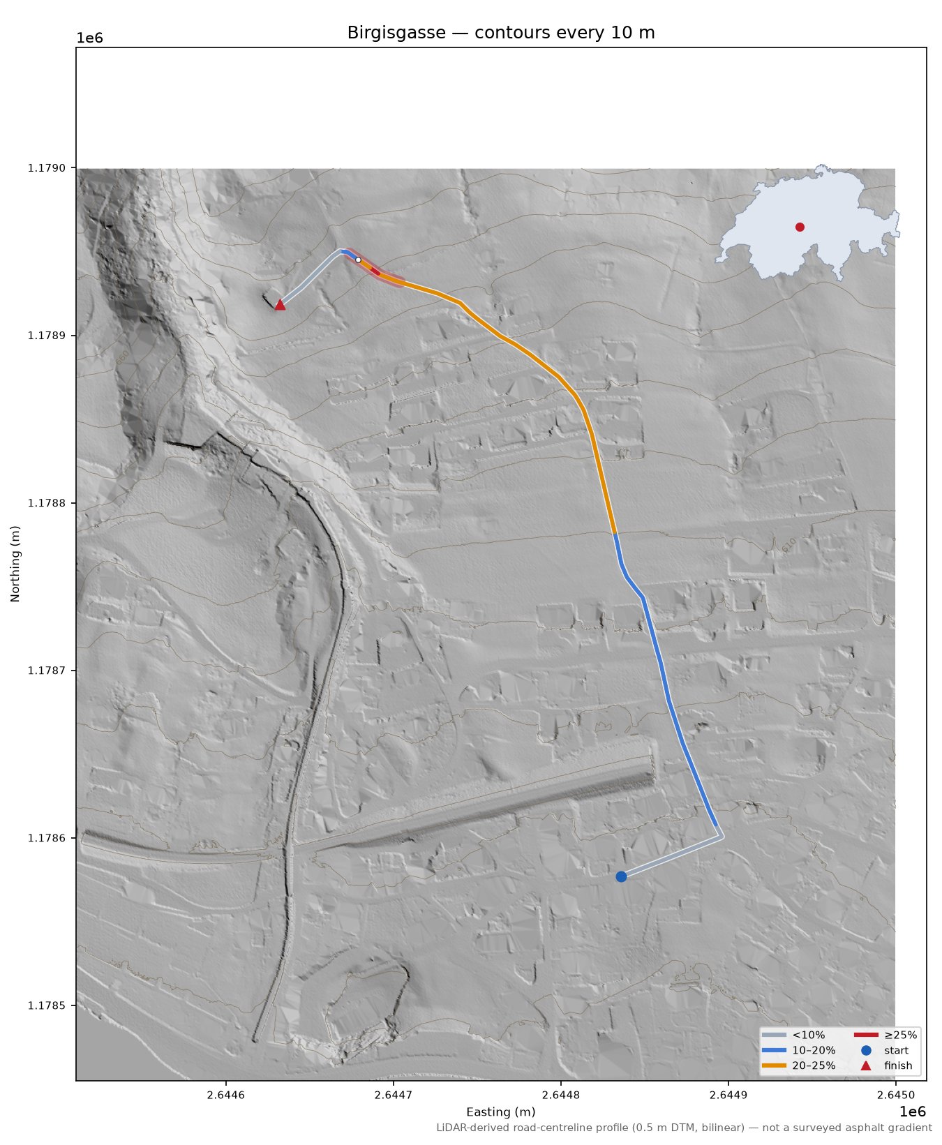 Birgisgasse LiDAR hillshade map with contours