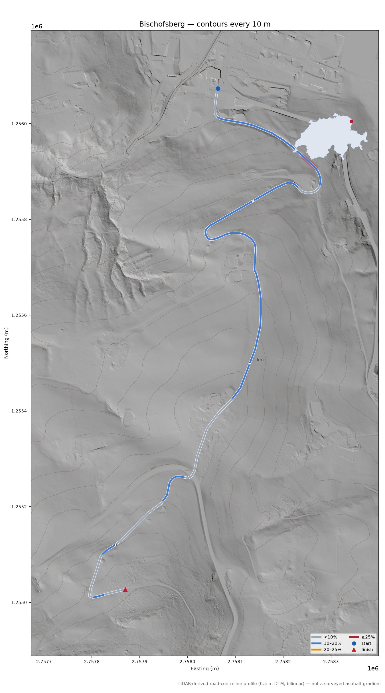 Bischofsberg LiDAR hillshade map with contours