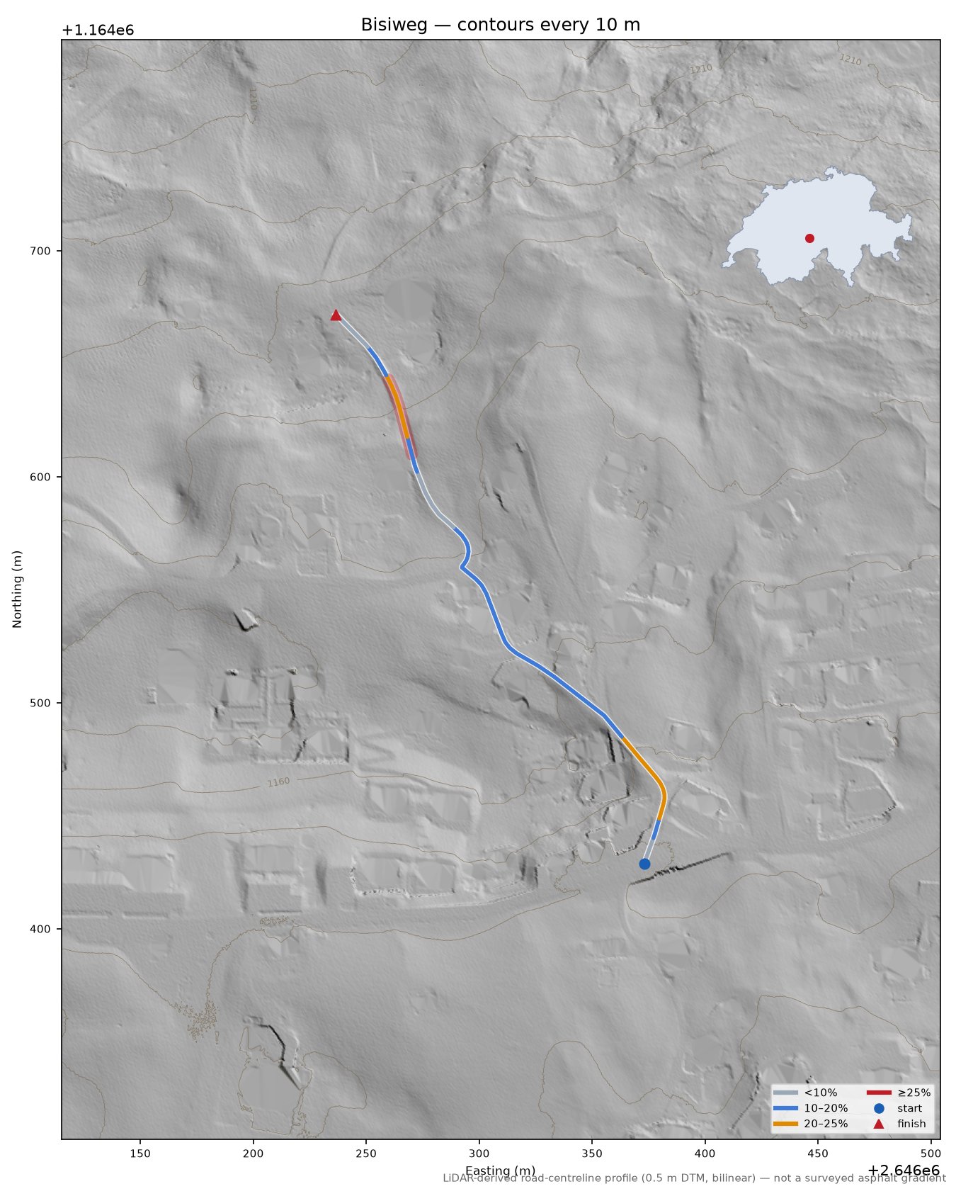 Bisiweg LiDAR hillshade map with contours