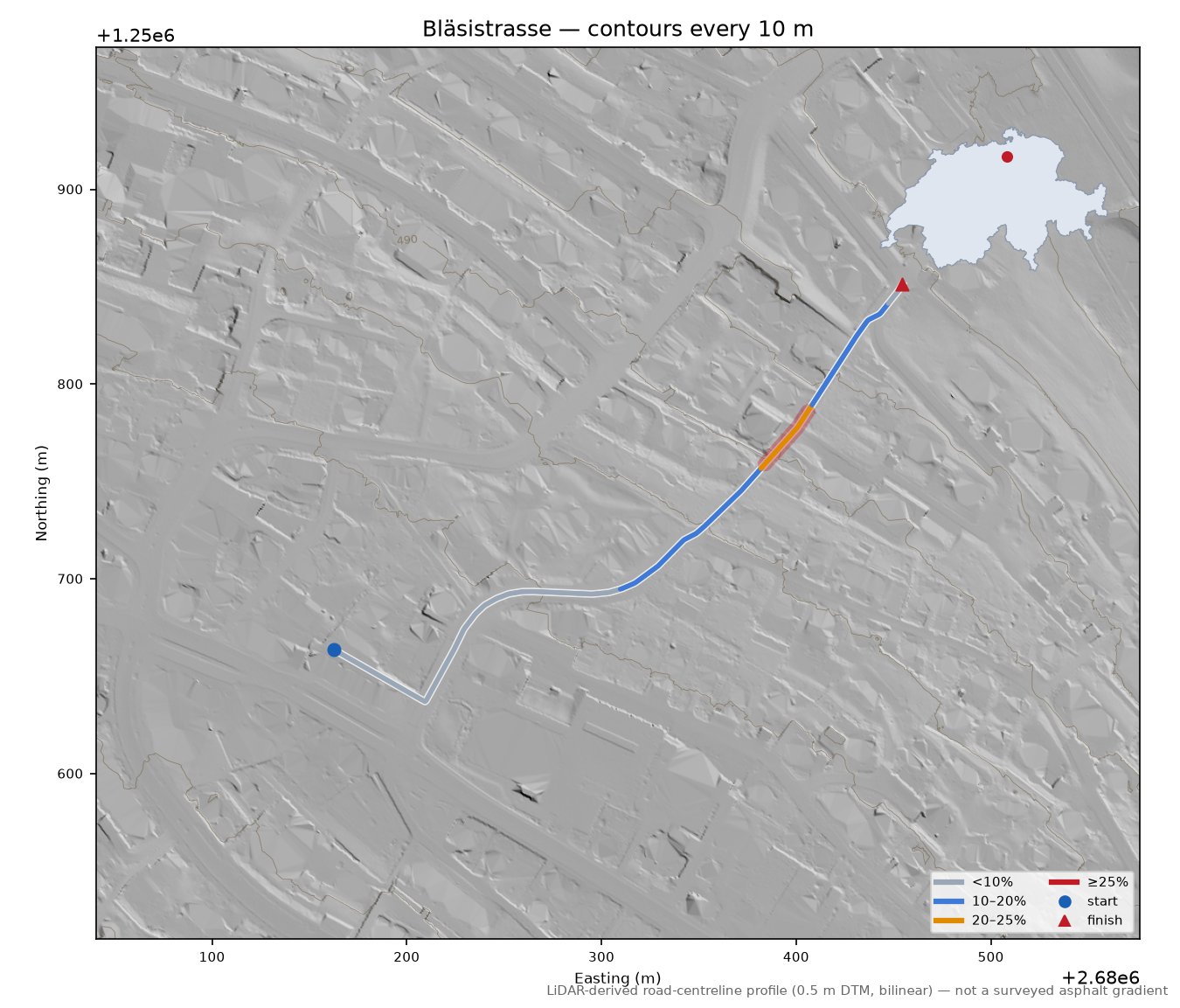 Bläsistrasse LiDAR hillshade map with contours