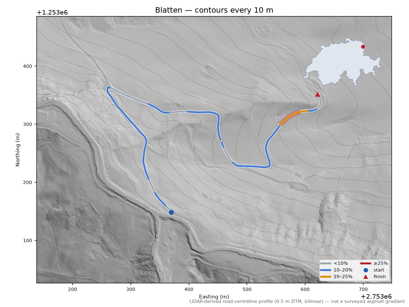 Blatten LiDAR hillshade map with contours