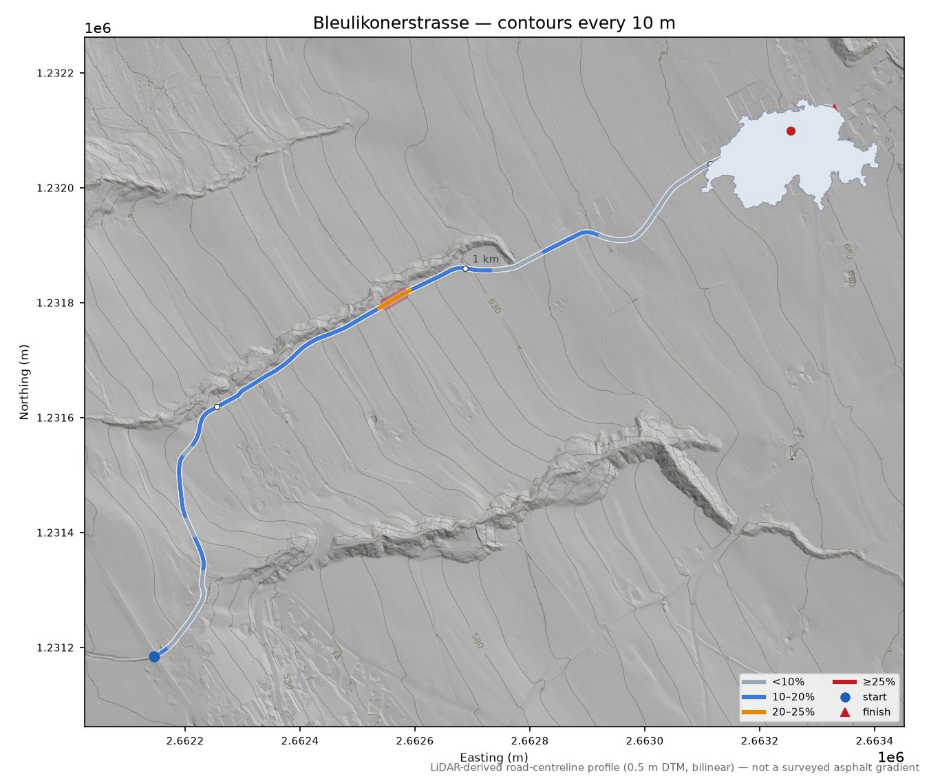 Bleulikonerstrasse LiDAR hillshade map with contours