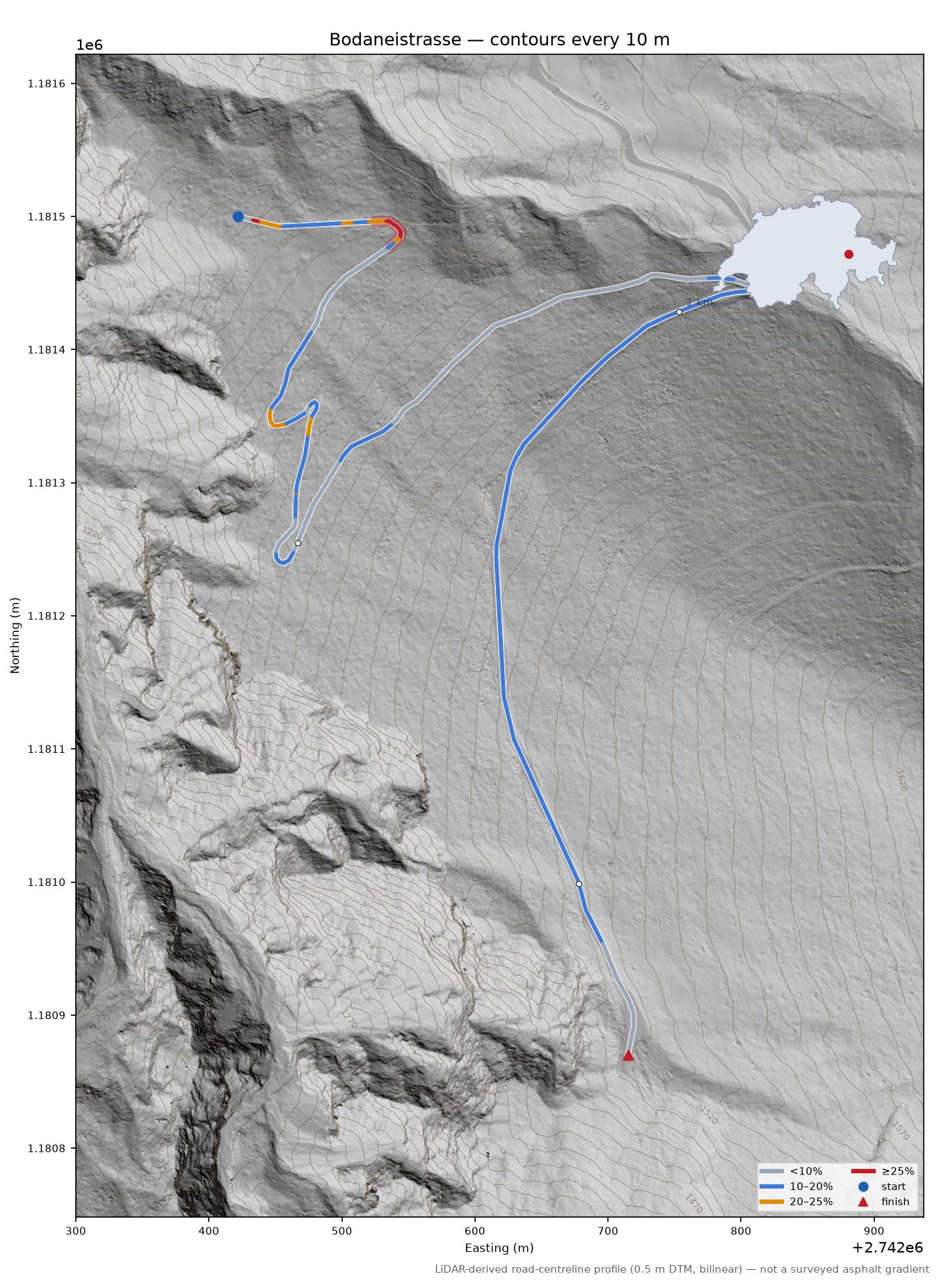 Bodaneistrasse LiDAR hillshade map with contours