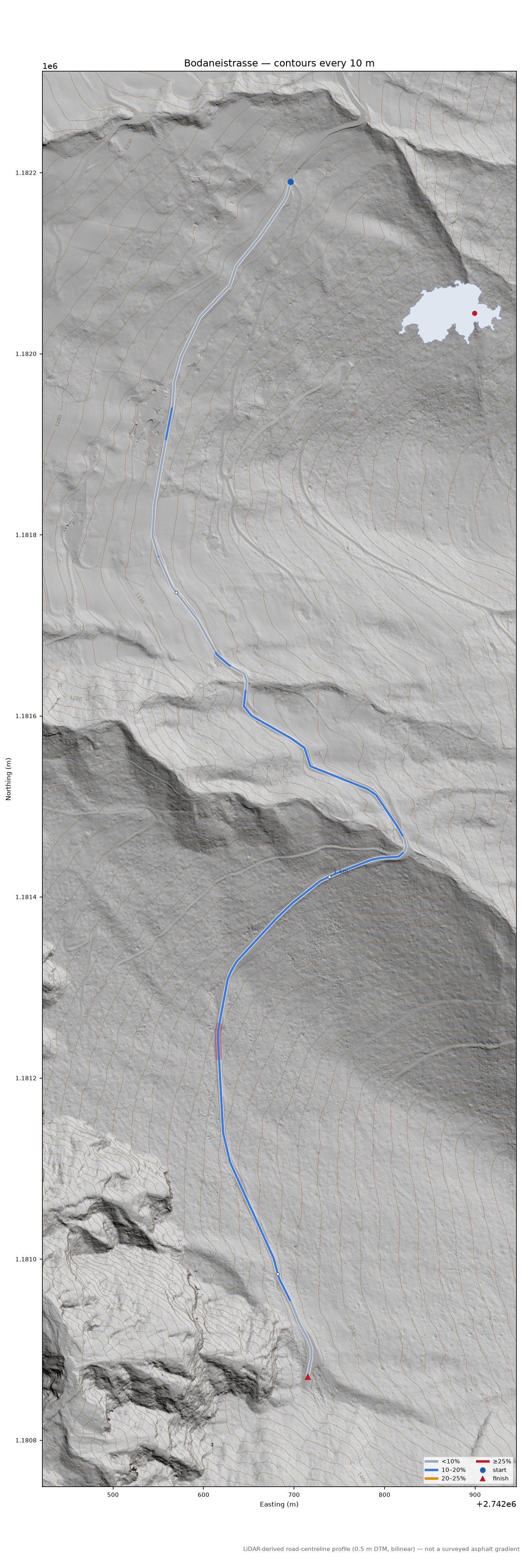 Bodaneistrasse LiDAR hillshade map with contours