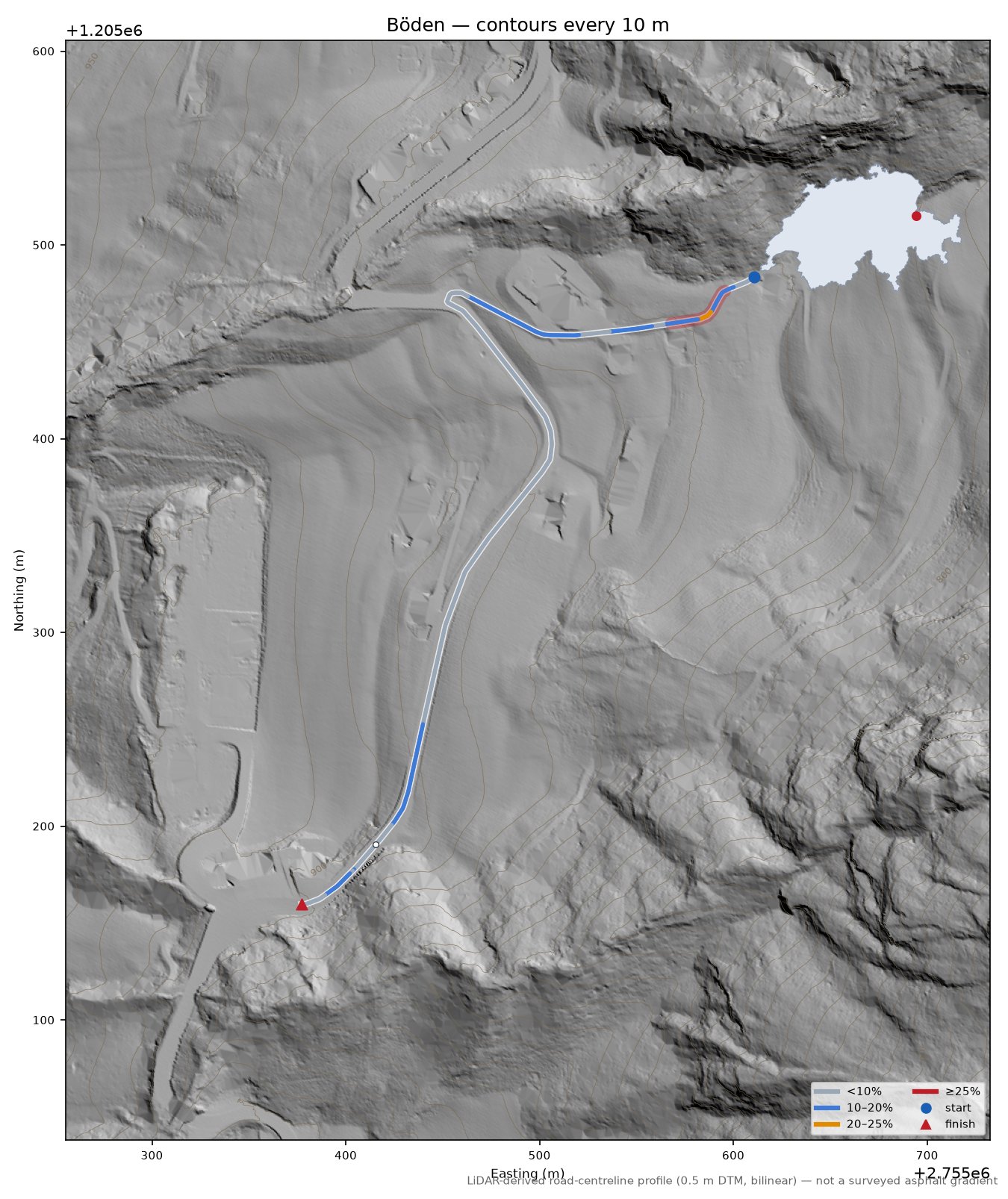 Böden LiDAR hillshade map with contours