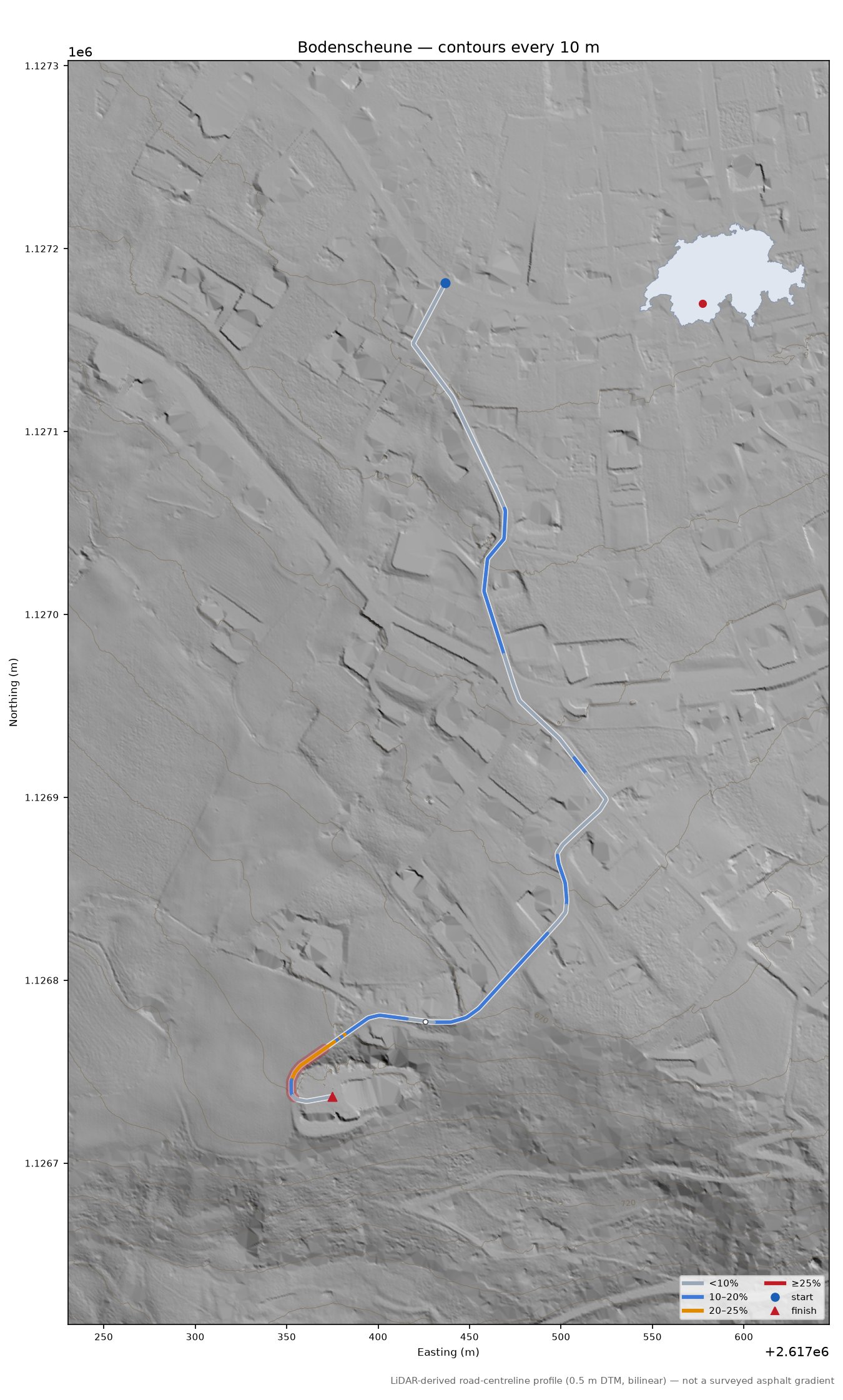 Bodenscheune LiDAR hillshade map with contours