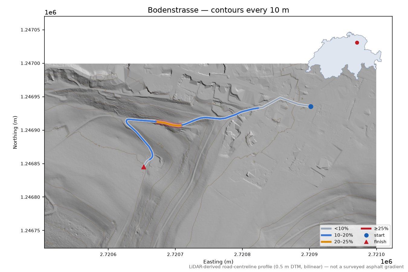 Bodenstrasse LiDAR hillshade map with contours