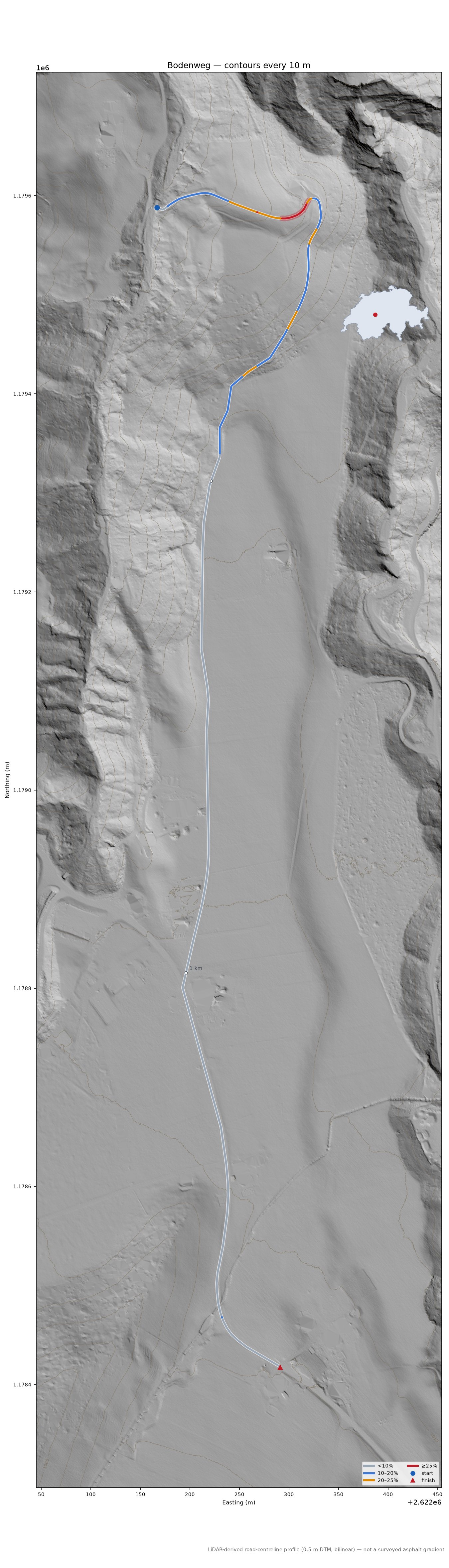 Bodenweg LiDAR hillshade map with contours